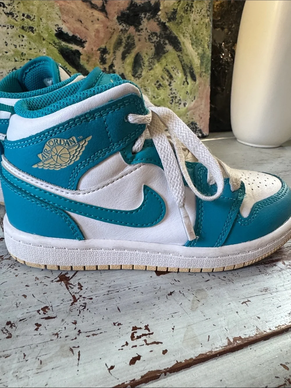 Jordan Kids' Teal and White Mid Sneakers 11.5